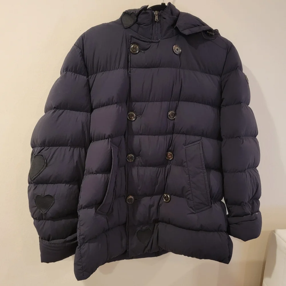 Moncler Women's size 3 black puffer with hearts winter jacket with hood down - Picture 2 of 16
